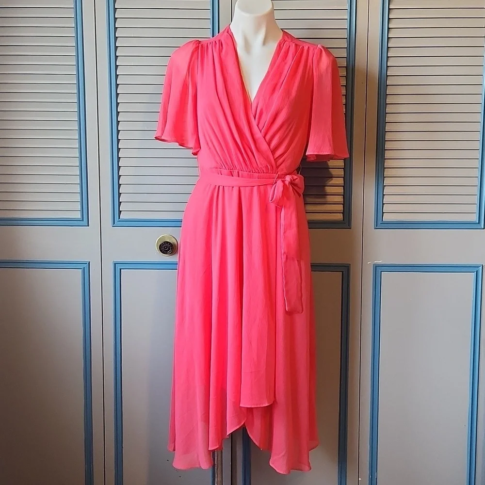 DKNY Pink Wrap Style Dress with Flowy Sleeves - Picture 2 of 12